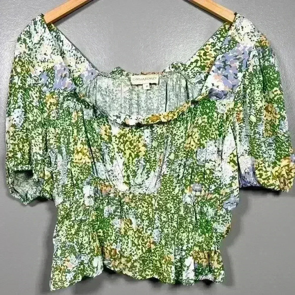 CYNTHIA ROWLEY Ruffle Floral Top Crop Cottagecore Off Shoulder Women Med - Picture 1 of 9